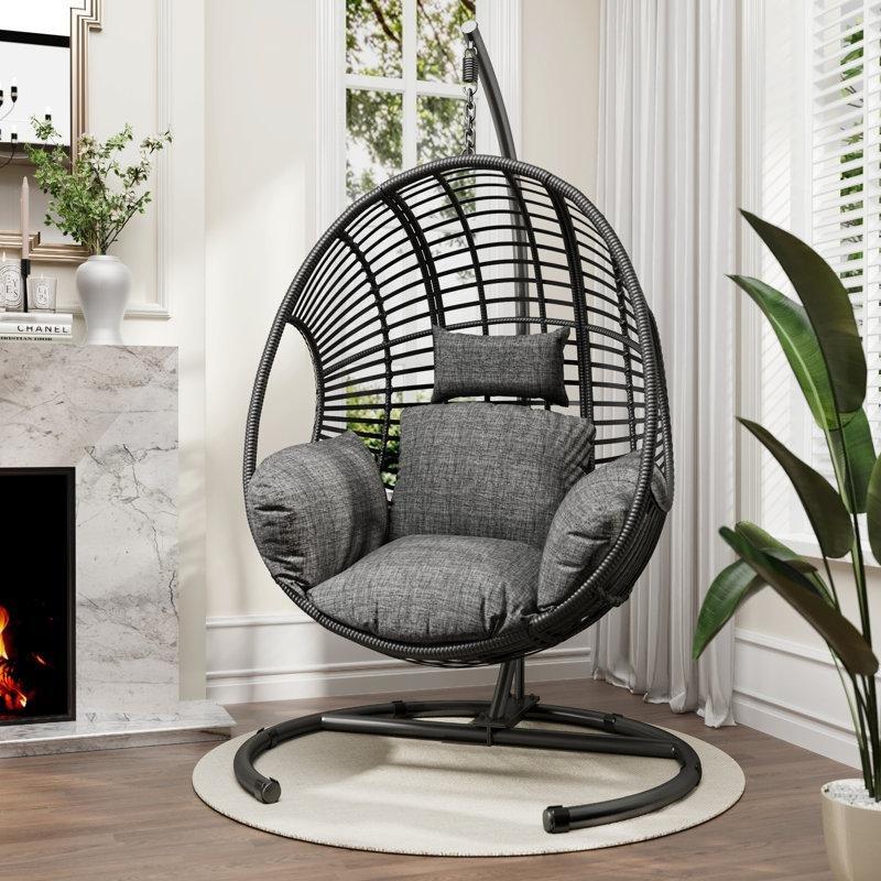 Siyah Metal Ayaklı ve Koyu Gri Minderli PE Rattan Tek Kişilik Balkon Salıncağı - 174137