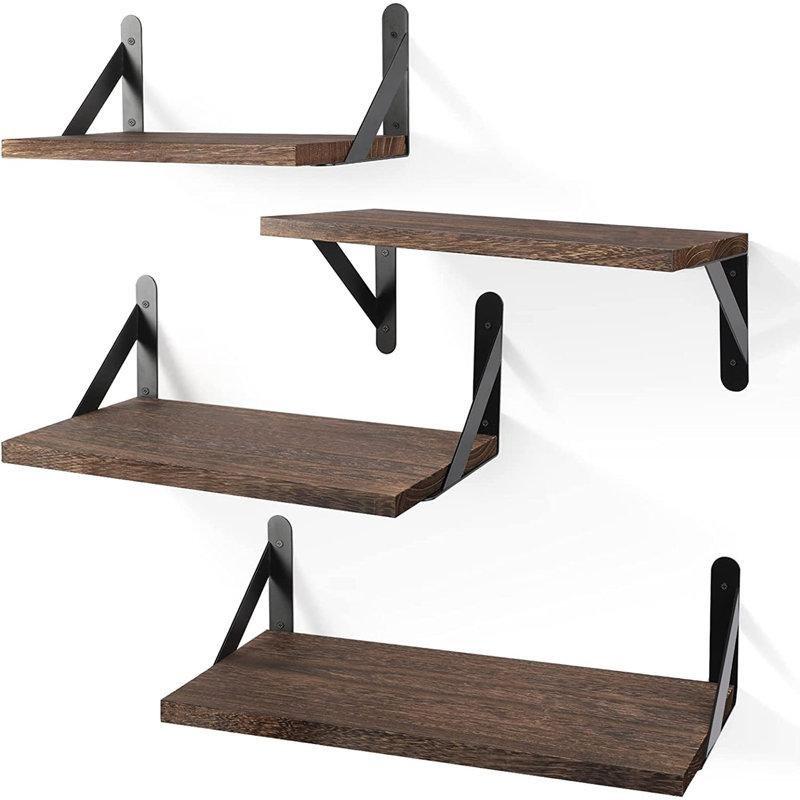 Siyah Metal Braketli Masif Pavlonya Ağacı 4lü Set Duvar Rafı - 44 cm - 179767