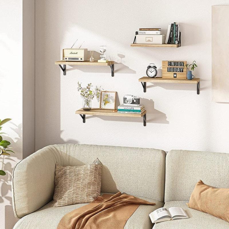 Siyah Metal Braketli Masif Pavlonya Ağacı 4lü Set Duvar Rafı - 44 cm - 179767
