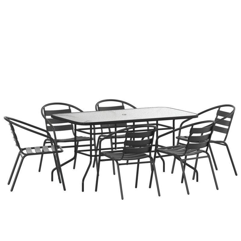 Siyah Metal Cam Tablalı İstiflenebilir Sandalyeli 6 Kişilik Bahçe Masa Takımı - 140x81 cm - 214906