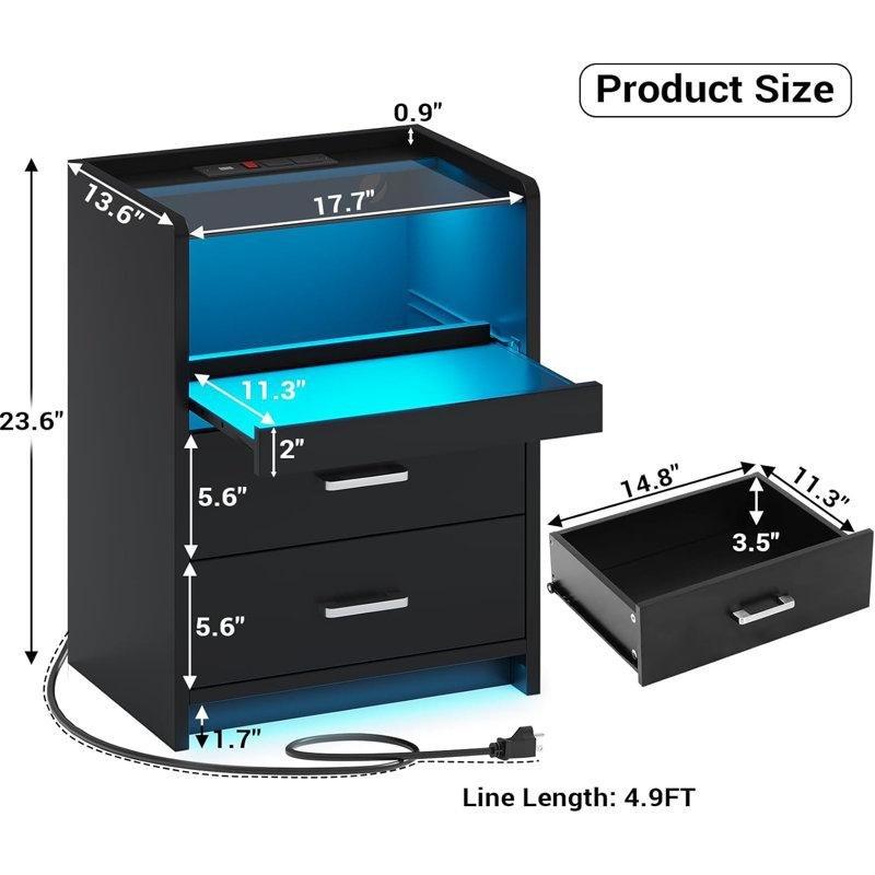 Siyah Metal Cam Tablalı LED Işıklı Prizli ve USB Girişli İki Çekmeceli Komodin - 223904