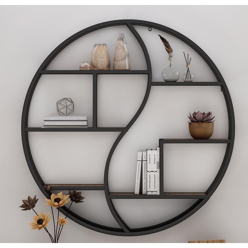 Siyah Metal Çerçeveli 8 Raflı Masif Ahşap Yuvarlak Duvar Rafı - 87 cm - 180355