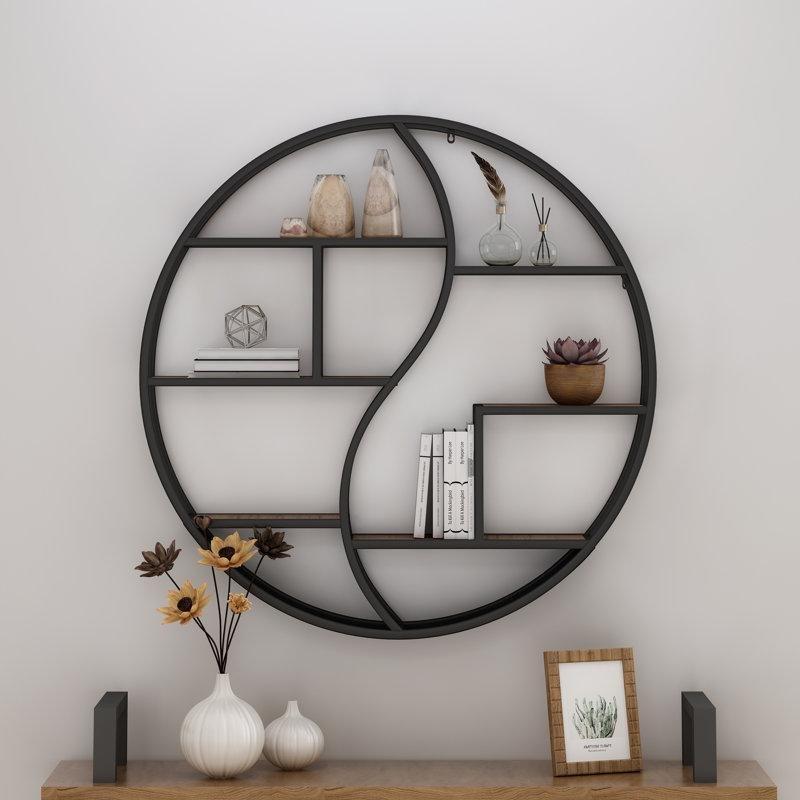 Siyah Metal Çerçeveli 8 Raflı Masif Ahşap Yuvarlak Duvar Rafı - 87 cm - 180355