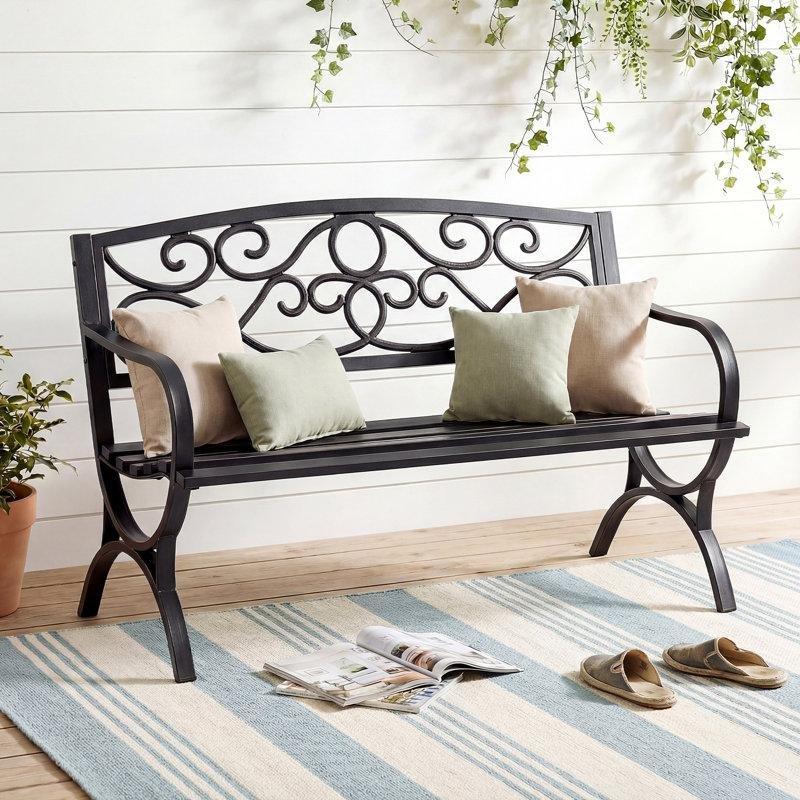 Siyah Metal Çiçek Desenli Hava Koşullarına Dayanıklı Bahçe Bankı - 129 cm - 173931