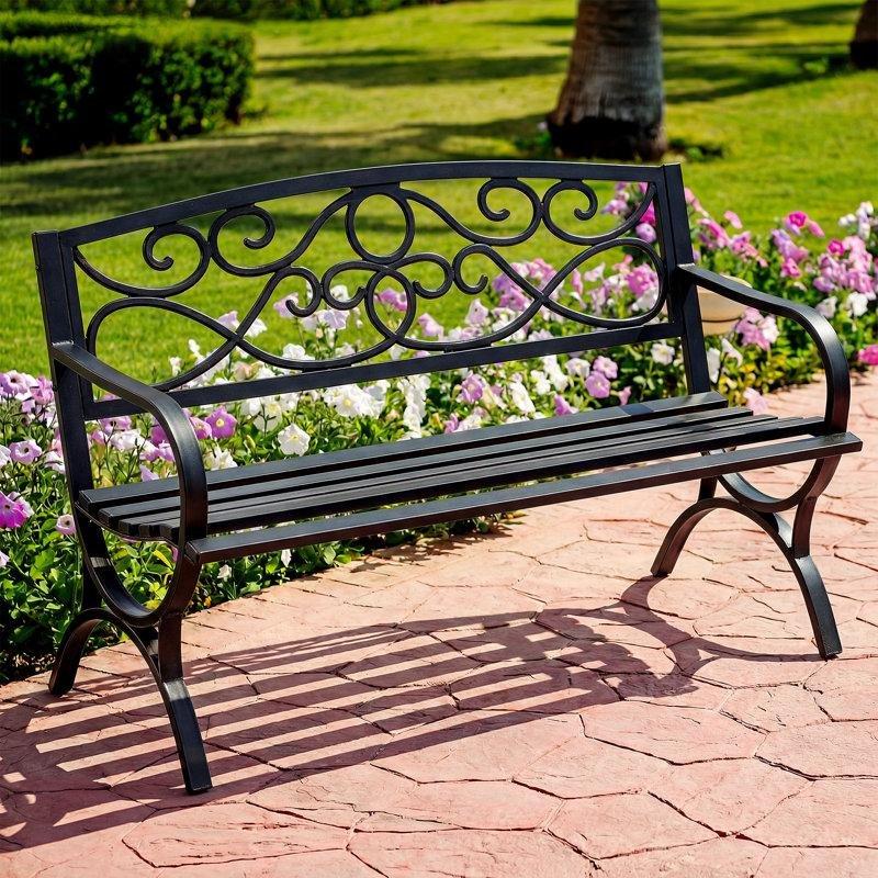 Siyah Metal Çiçek Desenli Hava Koşullarına Dayanıklı Bahçe Bankı - 129 cm - 173931
