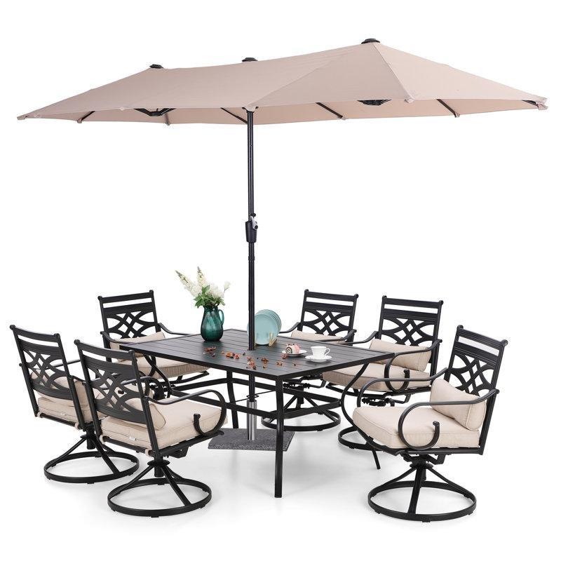 Siyah Metal Döner Sandalyeli ve Şemsiyeli 6 Kişilik Bahçe Masa Takımı - 153x97 cm - 213239