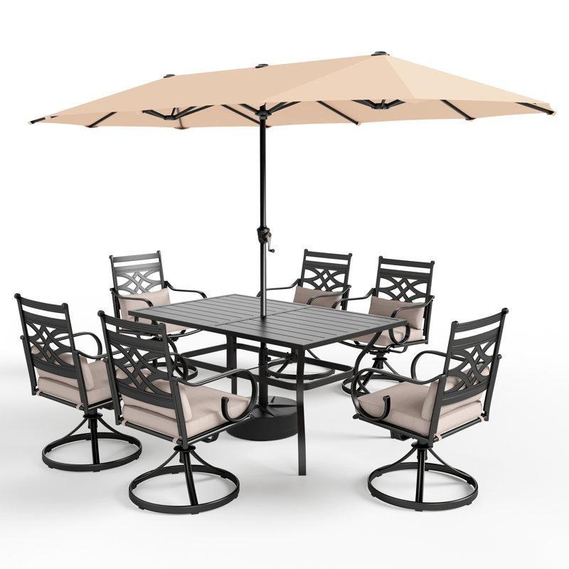 Siyah Metal Döner Sandalyeli ve Şemsiyeli 6 Kişilik Bahçe Masa Takımı - 153x97 cm - 213239