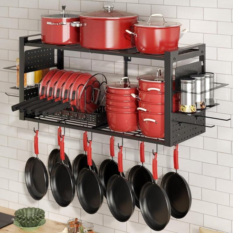 Siyah Metal İki Katlı Baharatlıklı ve 20 Kancalı Duvara Monte Mutfak Rafı - 105 cm - 163696
