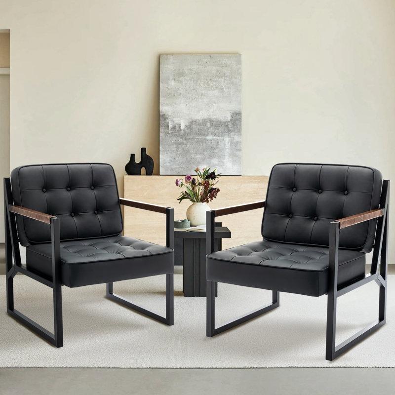 Siyah Metal İskeletli Kapitoneli Suni Deri Tekli Koltuk - 2li Set - 202913