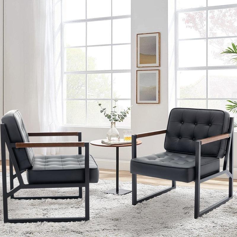 Siyah Metal İskeletli Kapitoneli Suni Deri Tekli Koltuk - 2li Set - 202913