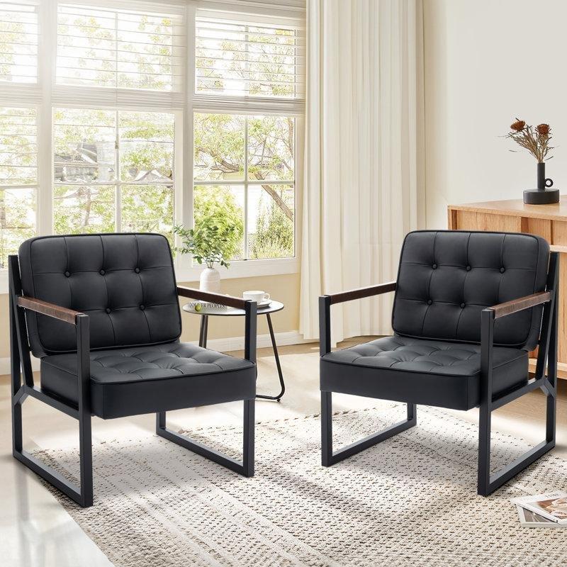 Siyah Metal İskeletli Kapitoneli Suni Deri Tekli Koltuk - 2li Set - 202913