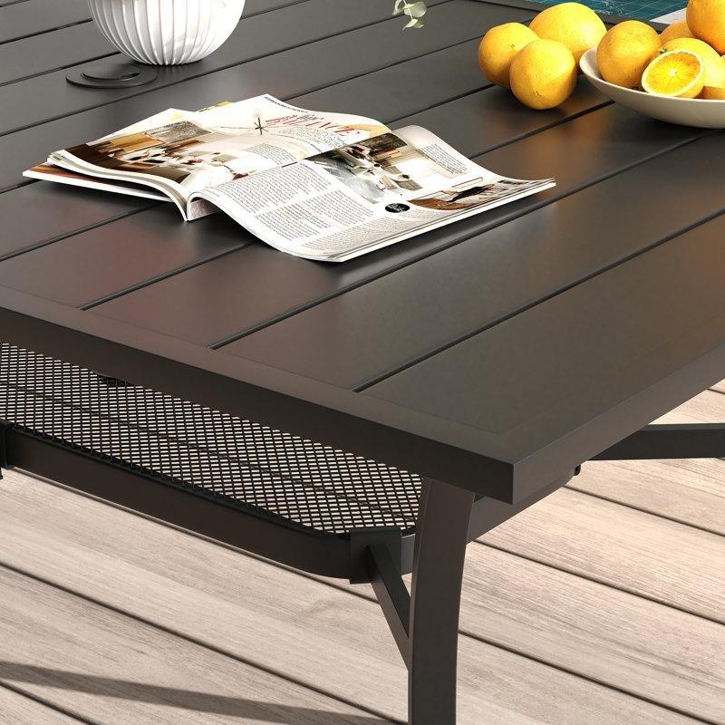 Siyah Metal İstiflenebilir Sandalyeli Şemsiye Delikli 6 Kişilik Dikdörtgen Bahçe Masa Takımı - 153 cm - 216881
