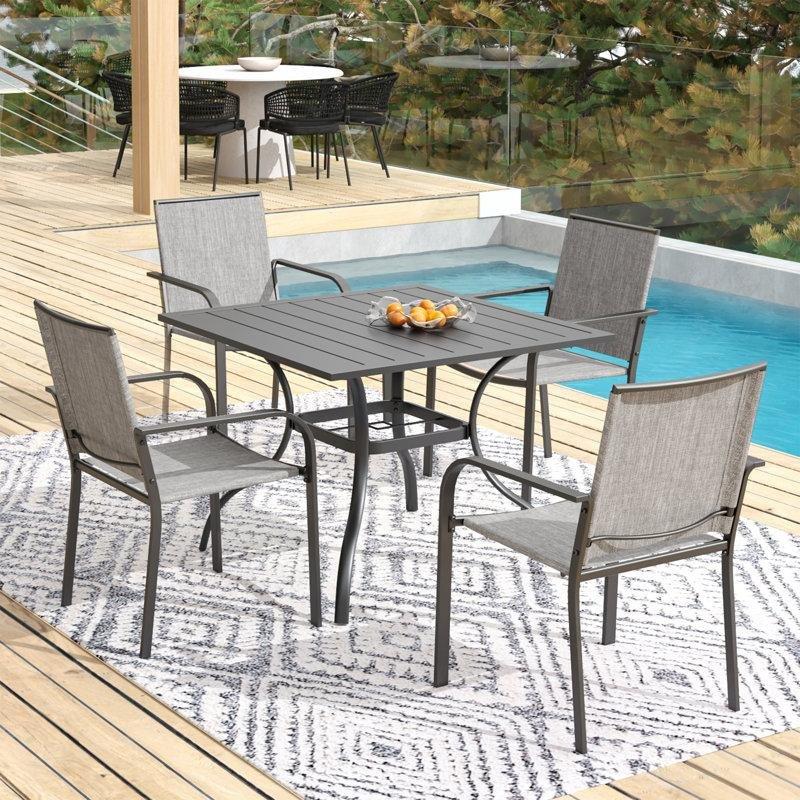 Siyah Metal İstiflenebilir Sandalyeli Şemsiye Delikli Bahçe Masa Takımı - 89x89 cm - 216982