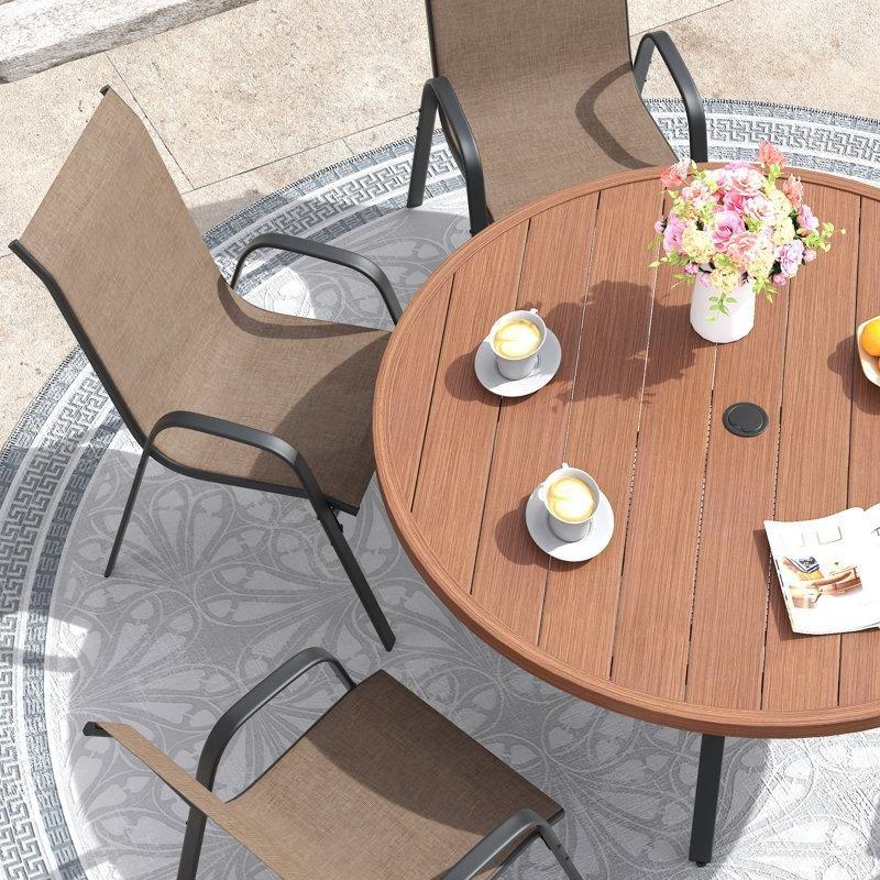 Siyah Metal İstiflenebilir Şemsiye Delikli 6 Kişilik Yuvarlak Bahçe Masa Takımı - 120 cm - 215009