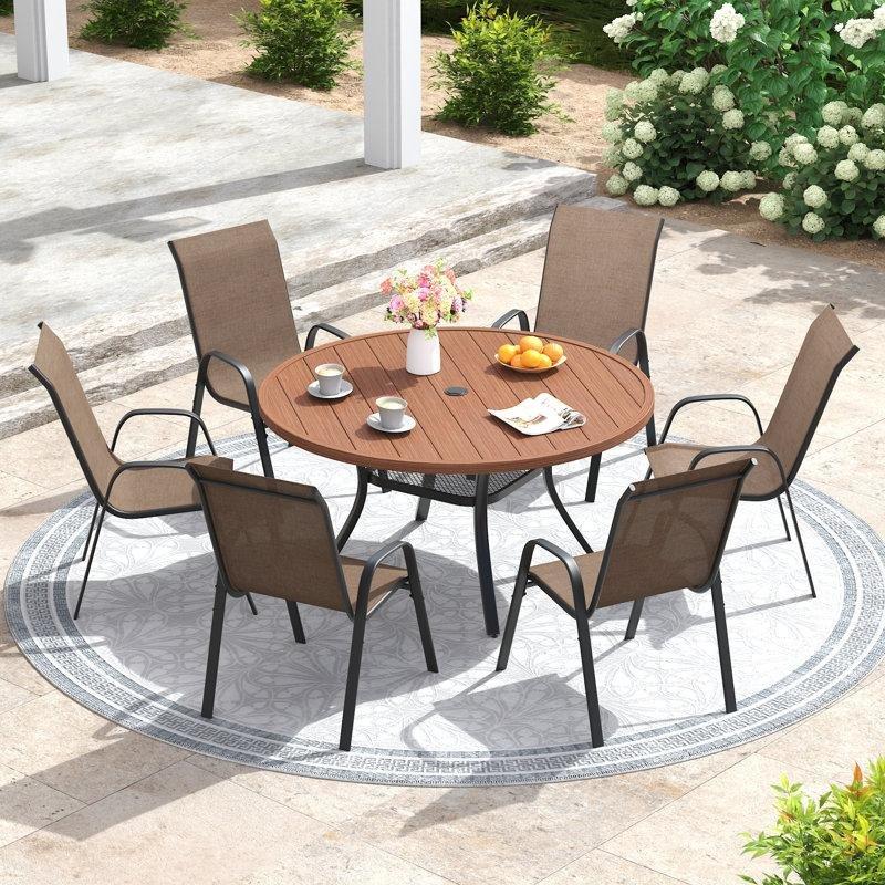 Siyah Metal İstiflenebilir Şemsiye Delikli 6 Kişilik Yuvarlak Bahçe Masa Takımı - 120 cm - 215009