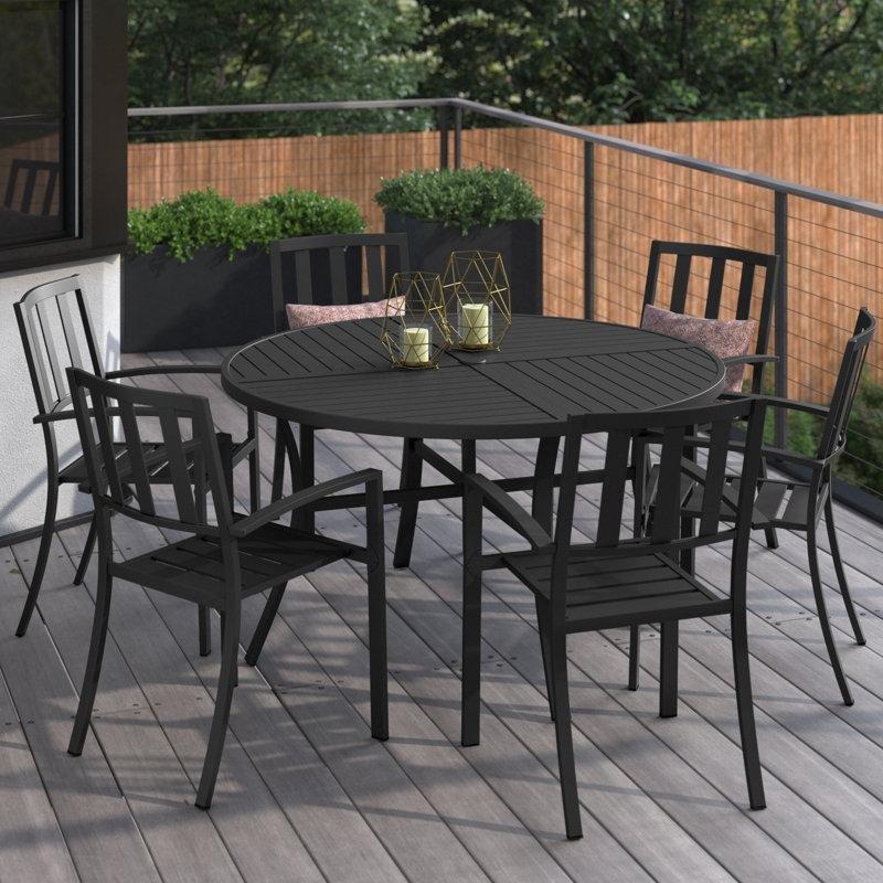 Siyah Metal İstiflenebilir Şemsiye Delikli Yuvarlak 6 Kişilik Bahçe Masa Takımı - 138 cm - 216697