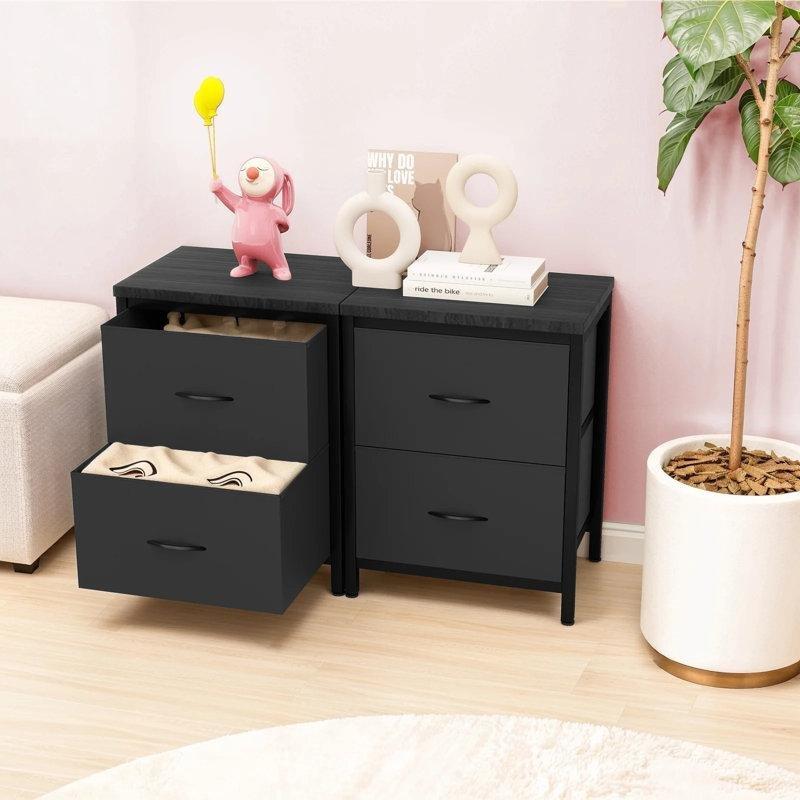 Siyah Metal Kumaş Çekmeceli Ahşap Tablalı İkili Komodin Seti - 46x30x51 cm - 223890