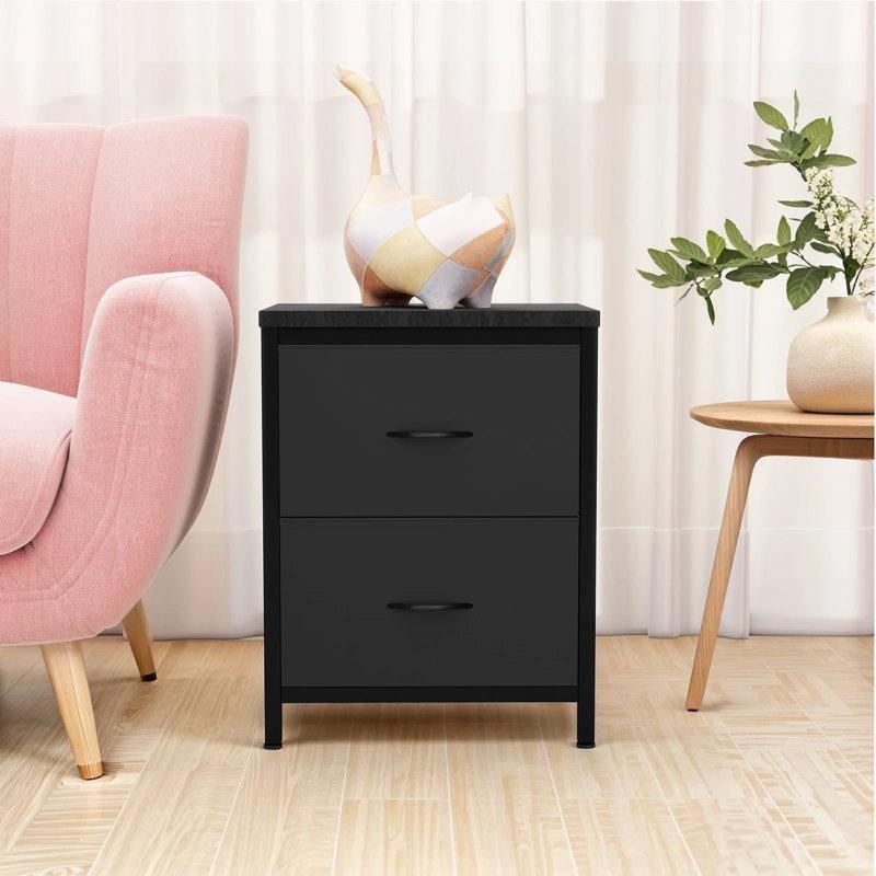 Siyah Metal Kumaş Çekmeceli Ahşap Tablalı İkili Komodin Seti - 46x30x51 cm - 223890