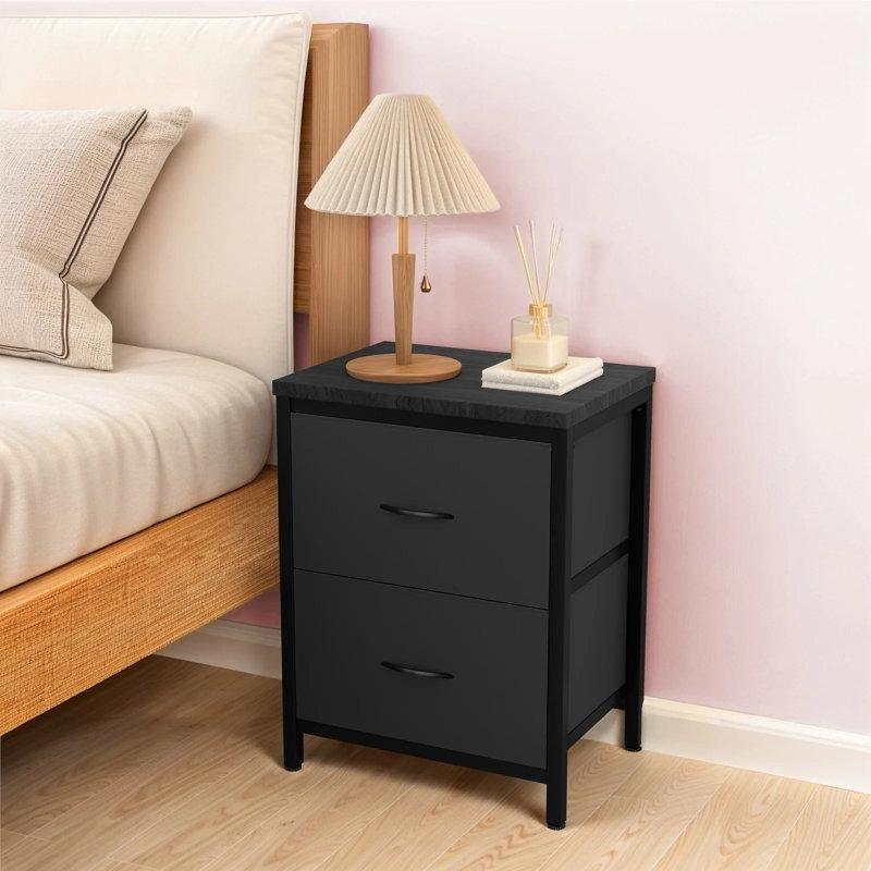 Siyah Metal Kumaş Çekmeceli Ahşap Tablalı İkili Komodin Seti - 46x30x51 cm - 223890