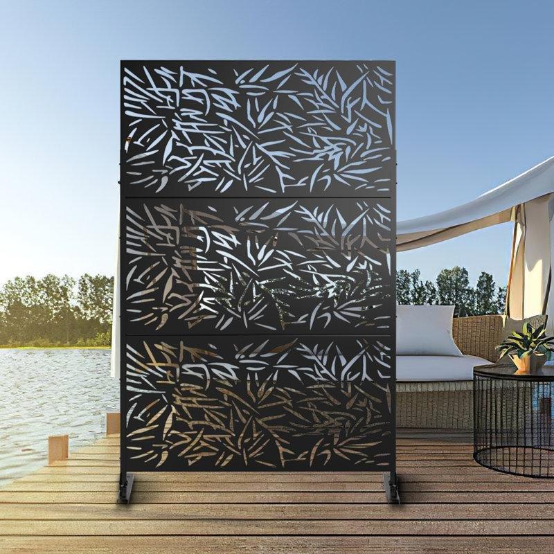 Siyah Metal Lazer Kesim Bambu Yaprağı Desenli Ayaklı Bahçe Paravanı - 183x120 cm - 173045