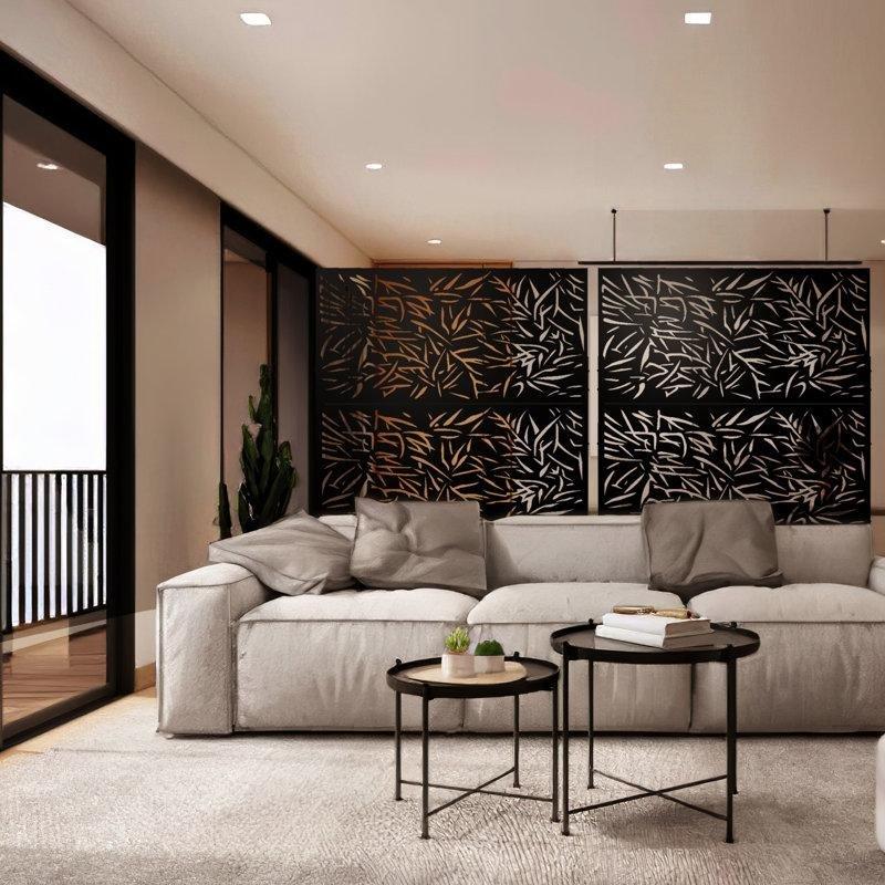 Siyah Metal Lazer Kesim Bambu Yaprağı Desenli Ayaklı Bahçe Paravanı - 183x120 cm - 173045