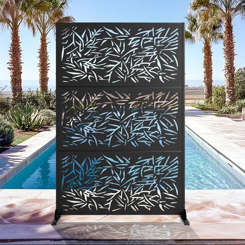 Siyah Metal Lazer Kesim Bambu Yaprağı Desenli Ayaklı Bahçe Paravanı - 183x120 cm - 173045