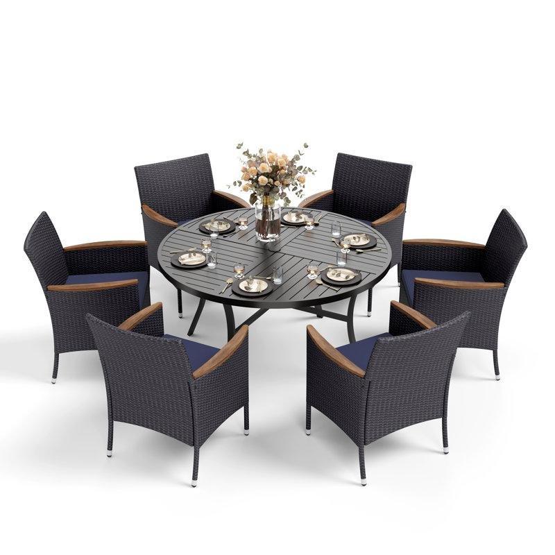Siyah Metal Mavi Minderli Şemsiye Delikli 6 Kişilik Yuvarlak Rattan Bahçe Masa Takımı - 138 cm - 214498