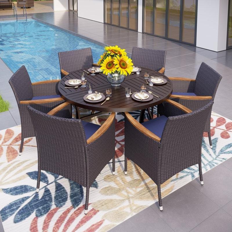 Siyah Metal Mavi Minderli Şemsiye Delikli 6 Kişilik Yuvarlak Rattan Bahçe Masa Takımı - 138 cm - 214498