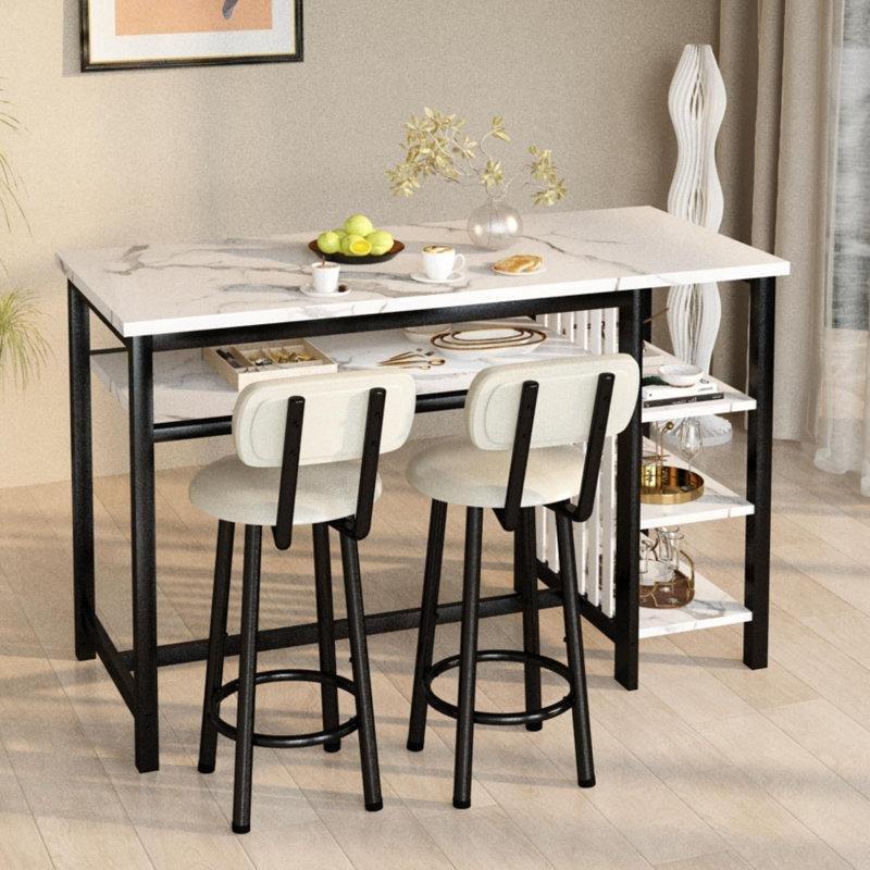 Siyah Metal Mermer Desenli 3 Raflı Tabureli Bar Masası Seti - 120x41 cm - 231498