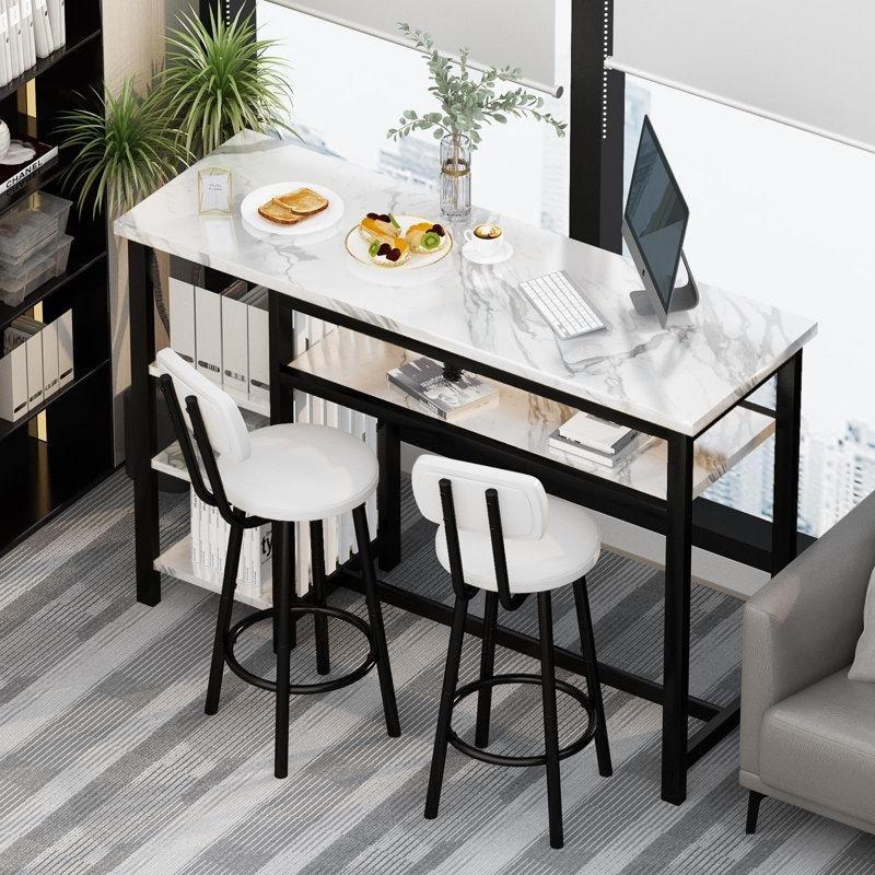 Siyah Metal Mermer Desenli 3 Raflı Tabureli Bar Masası Seti - 120x41 cm - 231498