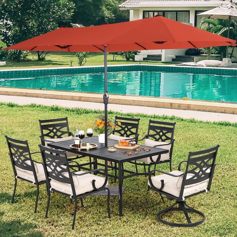 Siyah Metal Minderli ve Şemsiyeli 6 Kişilik Bahçe Masa Takımı - 153x89 cm - 213856