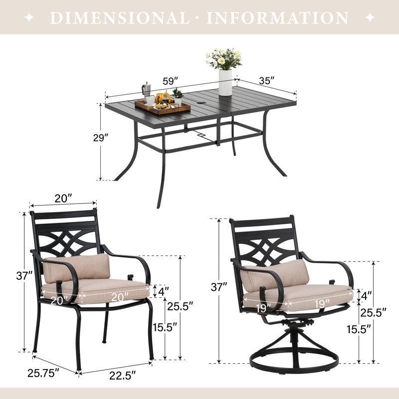 Siyah Metal Minderli ve Şemsiyeli 6 Kişilik Bahçe Masa Takımı - 153x89 cm - 213856