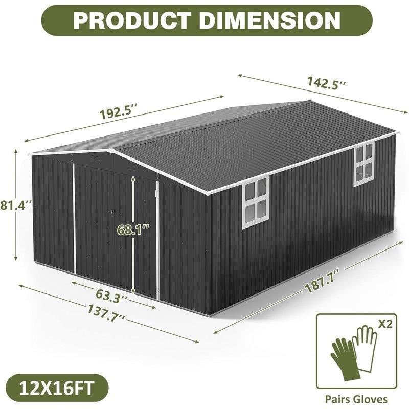 Siyah Metal Pencereli ve Kilitlenebilir Kapılı Geniş Bahçe Dolabı - 350x477 cm - 163600
