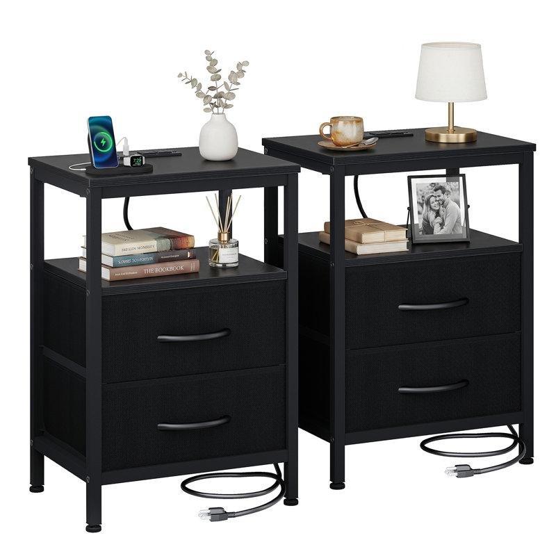 Siyah Metal Prizli USBli 2 Çekmeceli İkili Set Komodin - 60 cm - 223749