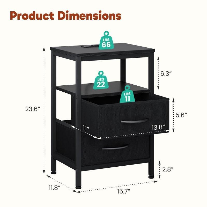 Siyah Metal Prizli USBli 2 Çekmeceli İkili Set Komodin - 60 cm - 223749