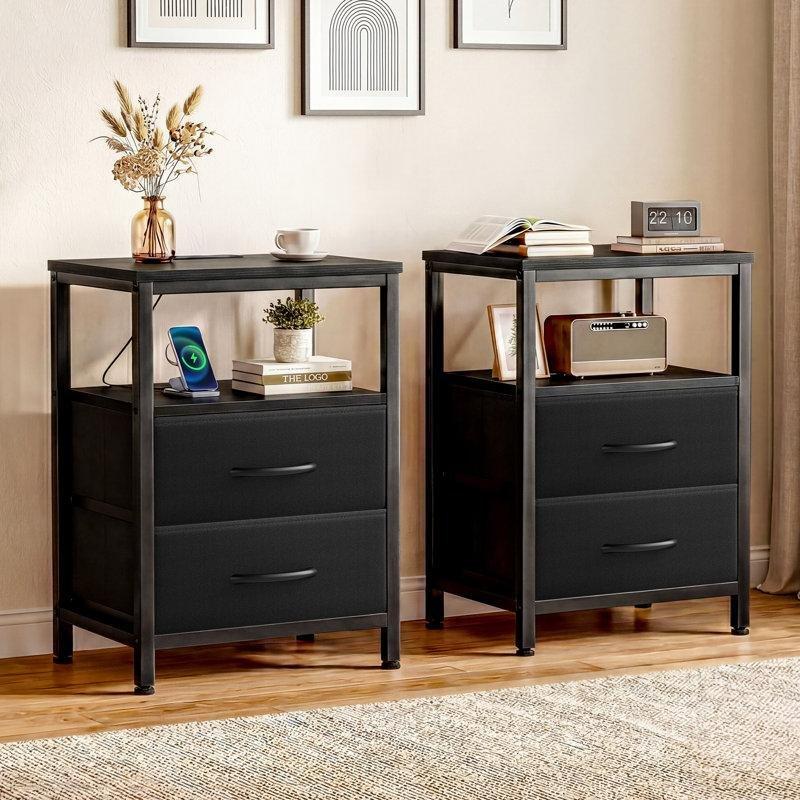 Siyah Metal Prizli USBli 2 Çekmeceli İkili Set Komodin - 60 cm - 223749