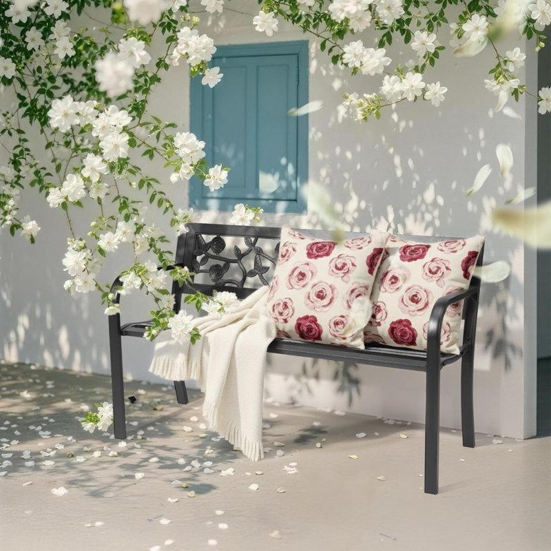 Siyah Metal PVC Gül Sırtlıklı Bahçe Bankı - 129 cm - 172072