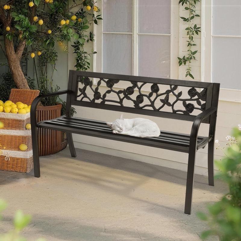Siyah Metal PVC Gül Sırtlıklı Bahçe Bankı - 129 cm - 172072