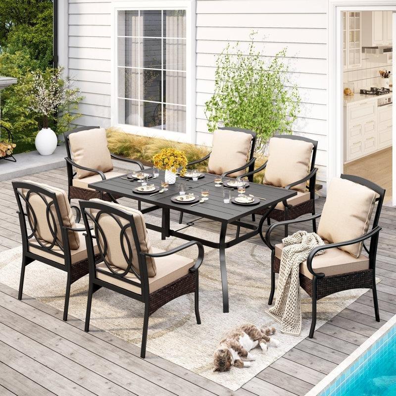 Siyah Metal Rattan Detaylı Minderli 6 Kişilik Bahçe Masa Takımı - 153x97 cm - 214373