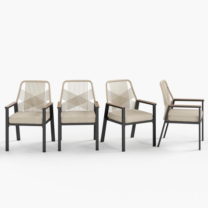 Siyah Metal Rattan Minderli Kollu 4lü Set Bahçe Sandalyesi - 173302