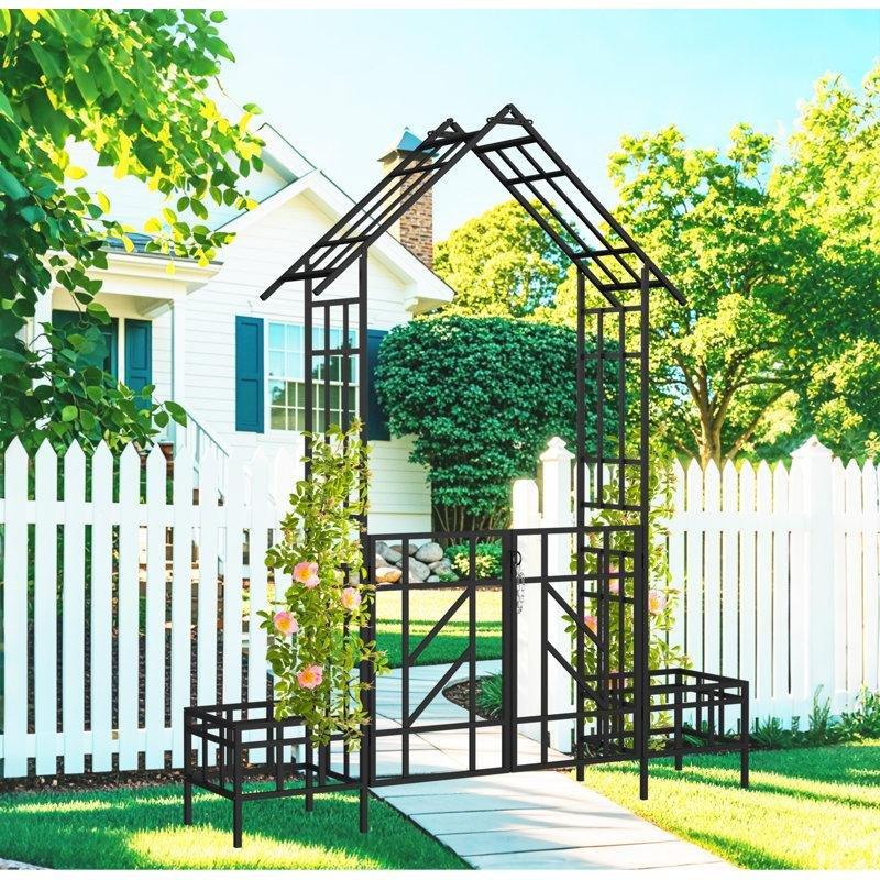 Siyah Metal Saksılı Kemerli Sarmaşık Destekli Bahçe Kapısı - 206x247 cm - 172705