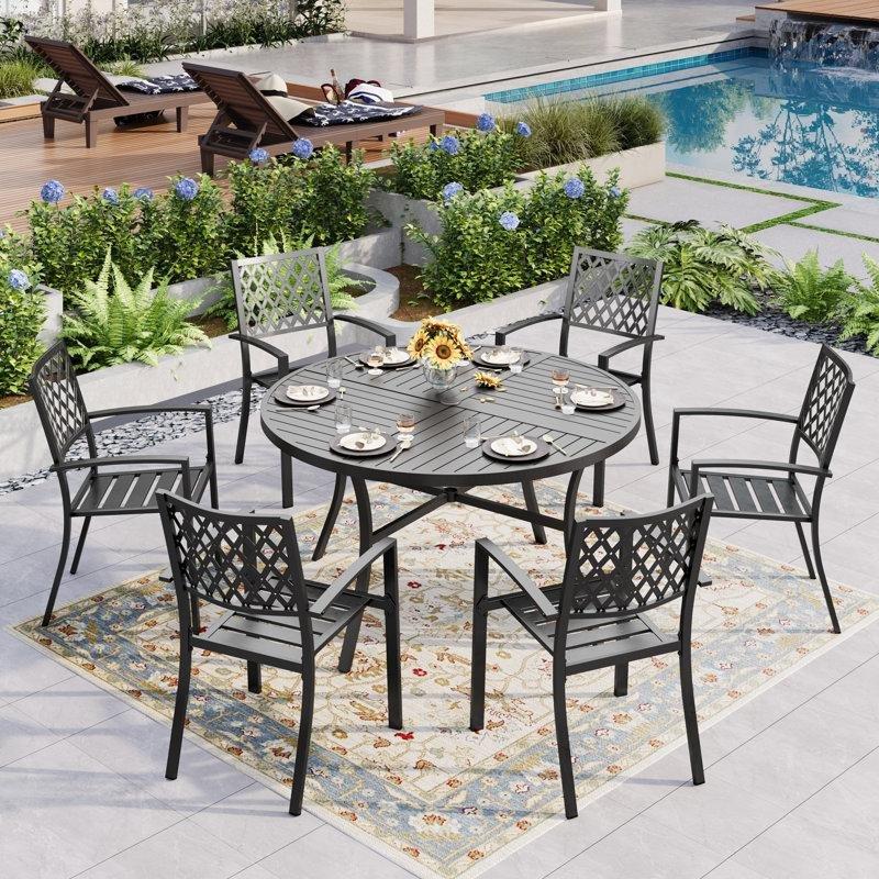 Siyah Metal Şemsiye Delikli 6 Kişilik Bahçe Masa Takımı - 138 cm - 216604
