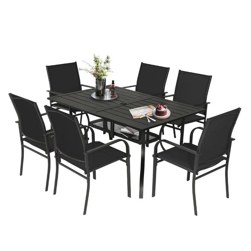 Siyah Metal Şemsiye Delikli İstiflenebilir 6 Kişilik Bahçe Masa Takımı - 153x97 cm - 214676