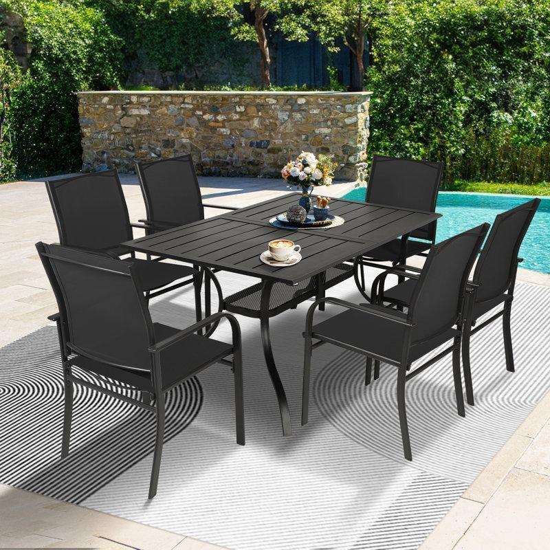 Siyah Metal Şemsiye Delikli İstiflenebilir 6 Kişilik Bahçe Masa Takımı - 153x97 cm - 214676