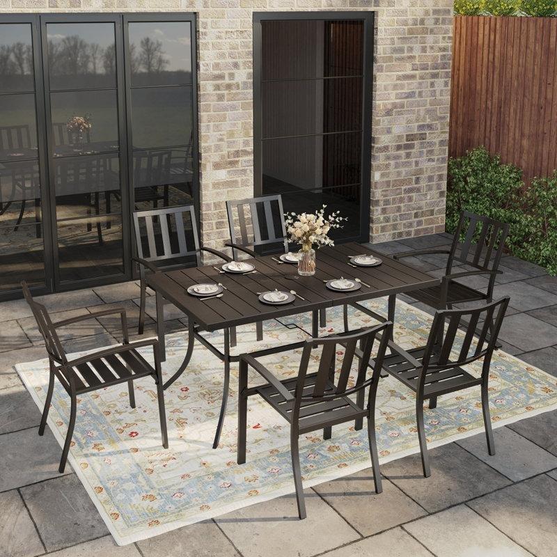 Siyah Metal Şemsiye Delikli İstiflenebilir Sandalyeli 6 Kişilik Bahçe Masa Takımı - 150x90 cm - 214036