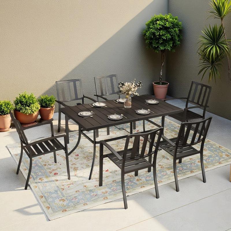 Siyah Metal Şemsiye Delikli İstiflenebilir Sandalyeli 6 Kişilik Bahçe Masa Takımı - 150x90 cm - 214036