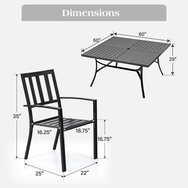 Siyah Metal Şemsiye Delikli İstiflenebilir Sandalyeli 8 Kişilik Kare Bahçe Masa Takımı - 153x153 cm - 215785