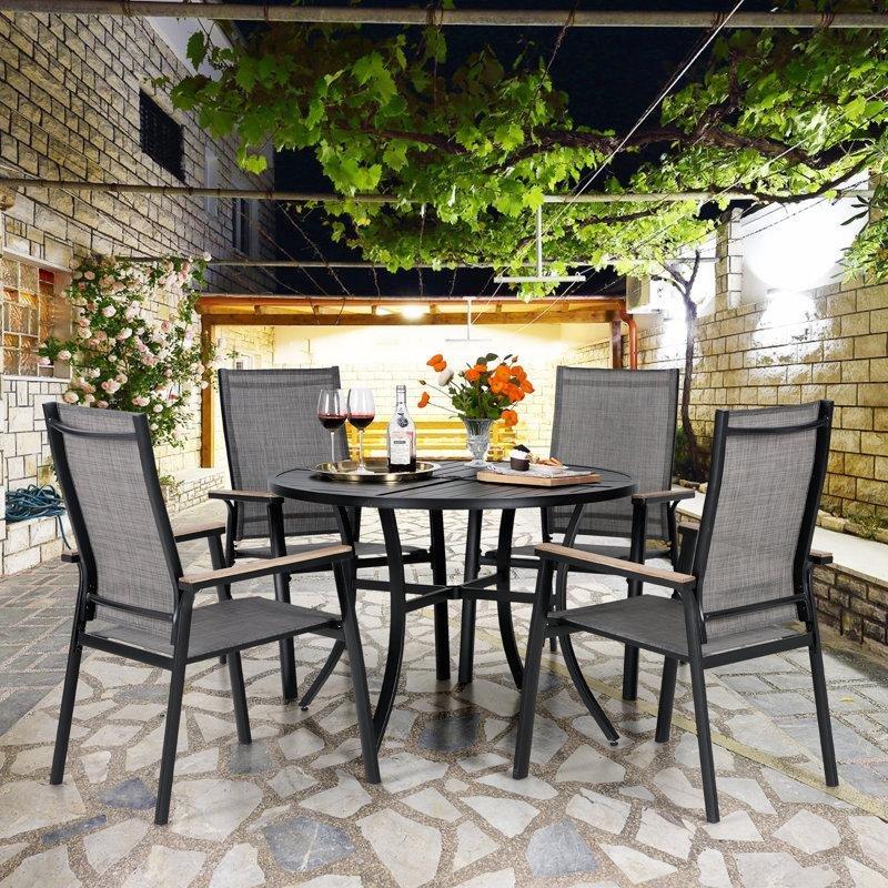 Siyah Metal Şemsiye Delikli İstiflenebilir Sandalyeli Bahçe Masa Takımı - Yuvarlak 107 cm - 213497