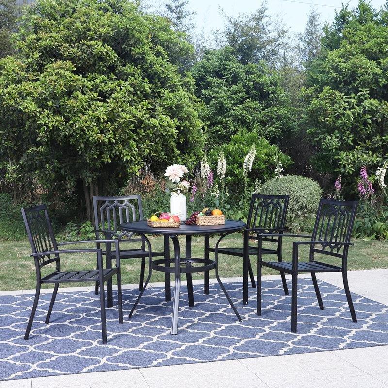 Siyah Metal Şemsiye Delikli Yuvarlak 4 Kişilik Bahçe Masa Takımı - 97 cm - 213604