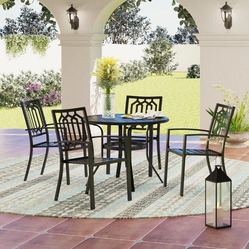 Siyah Metal Şemsiye Delikli Yuvarlak 4 Kişilik Bahçe Masa Takımı - 97 cm - 213604